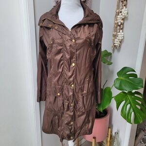 Un Deux Trois Paris Rain Coat Lightweight Hooded Brown Jacket Small Windbreaker
